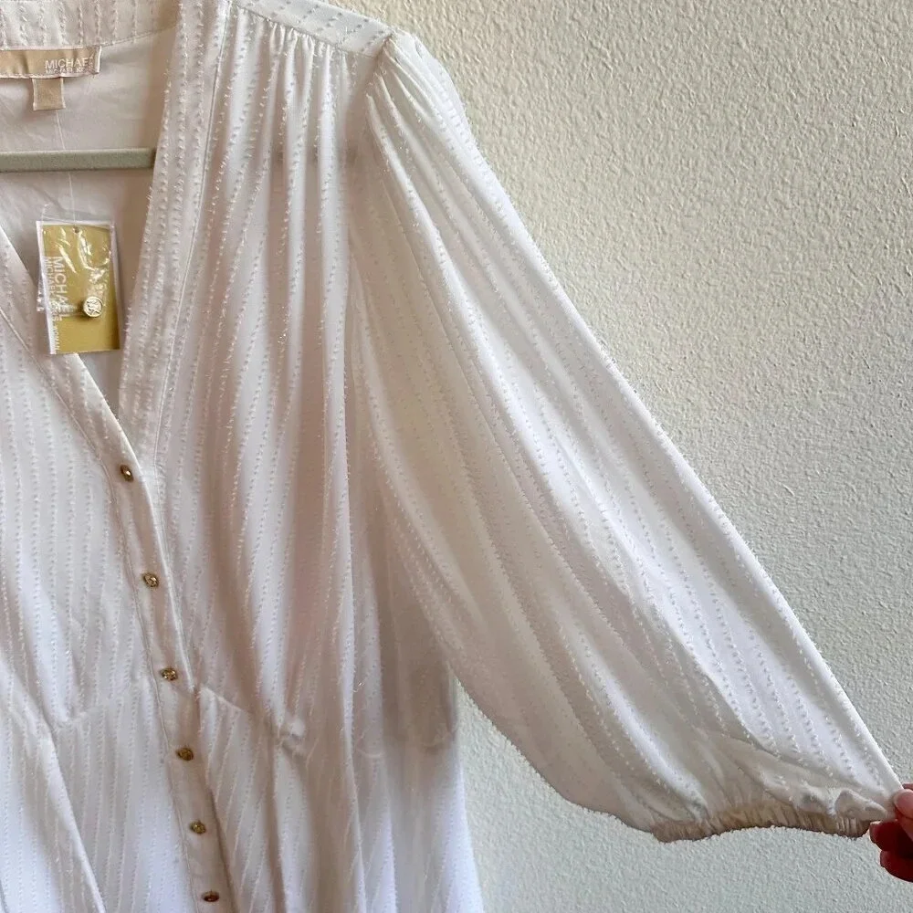 Michael Kors Button Front Swiss Dot Dress in White with Tie at Waist - 1X - New - Picture 7 of 12